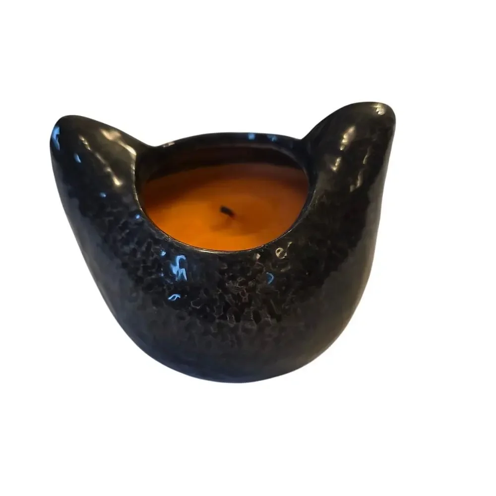 Halloween Black Kitty Cat Jar Orange Candle Holder Planter Candy Bowl Small
